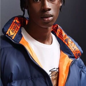 EUC Karl Kani Men's Navy/Orange Reversible Puffer Jacket.
